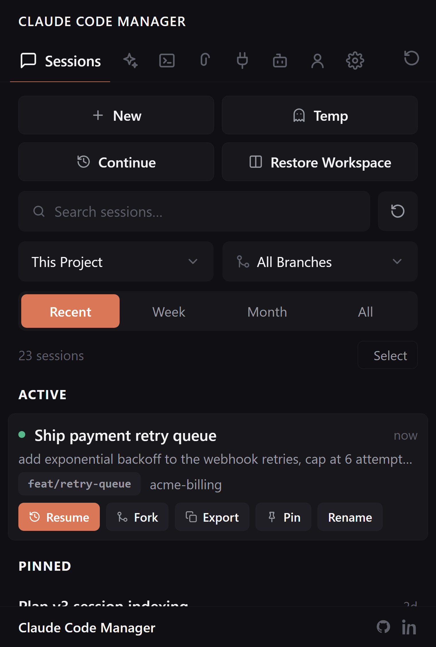 Claude Code Manager sidebar in VS Code showing the Sessions tab with searchable, resumable Claude Code sessions