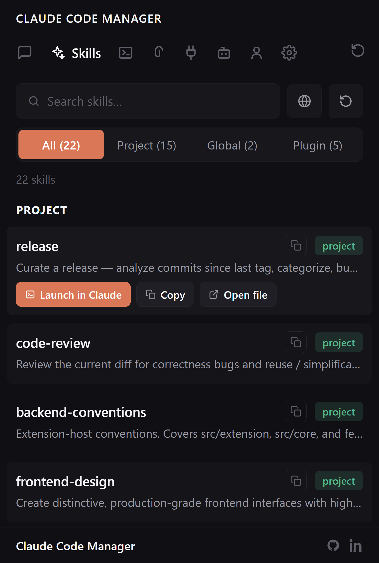 Claude Code Manager Skills tab with global, project, and plugin scope badges