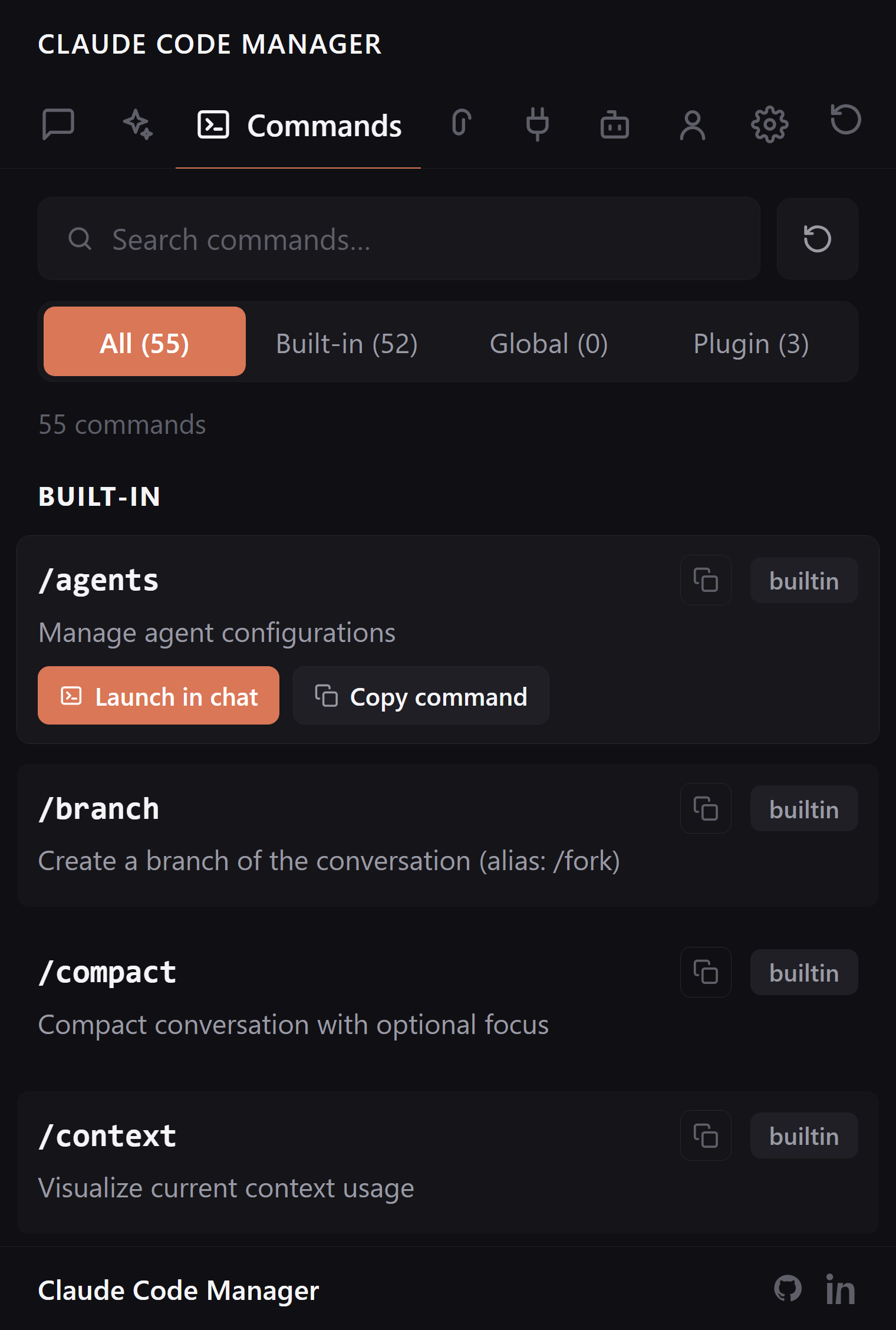 Claude Code Manager Commands tab with built-in and custom slash commands