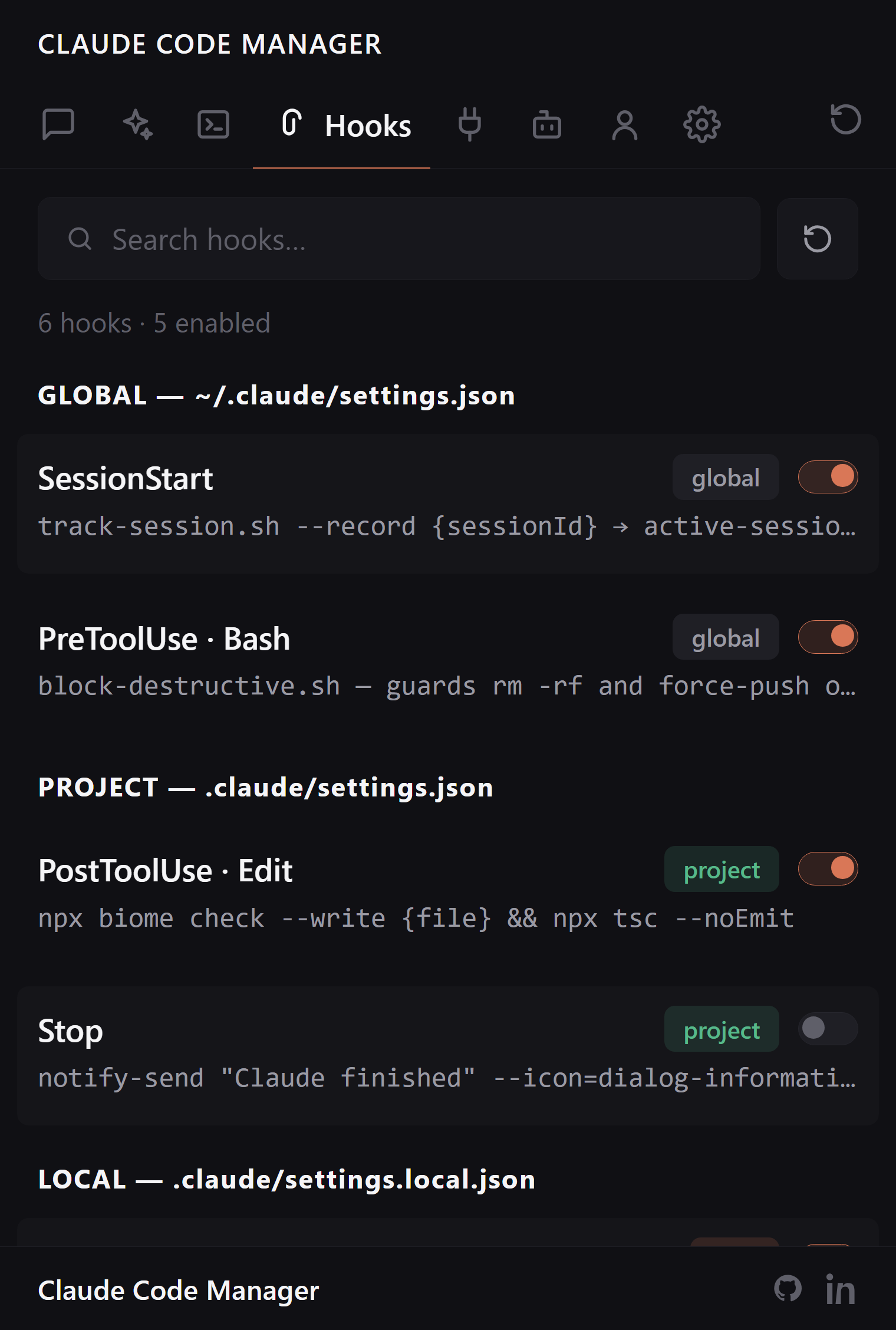 Claude Code Manager Hooks tab showing automation hooks across scopes with command preview