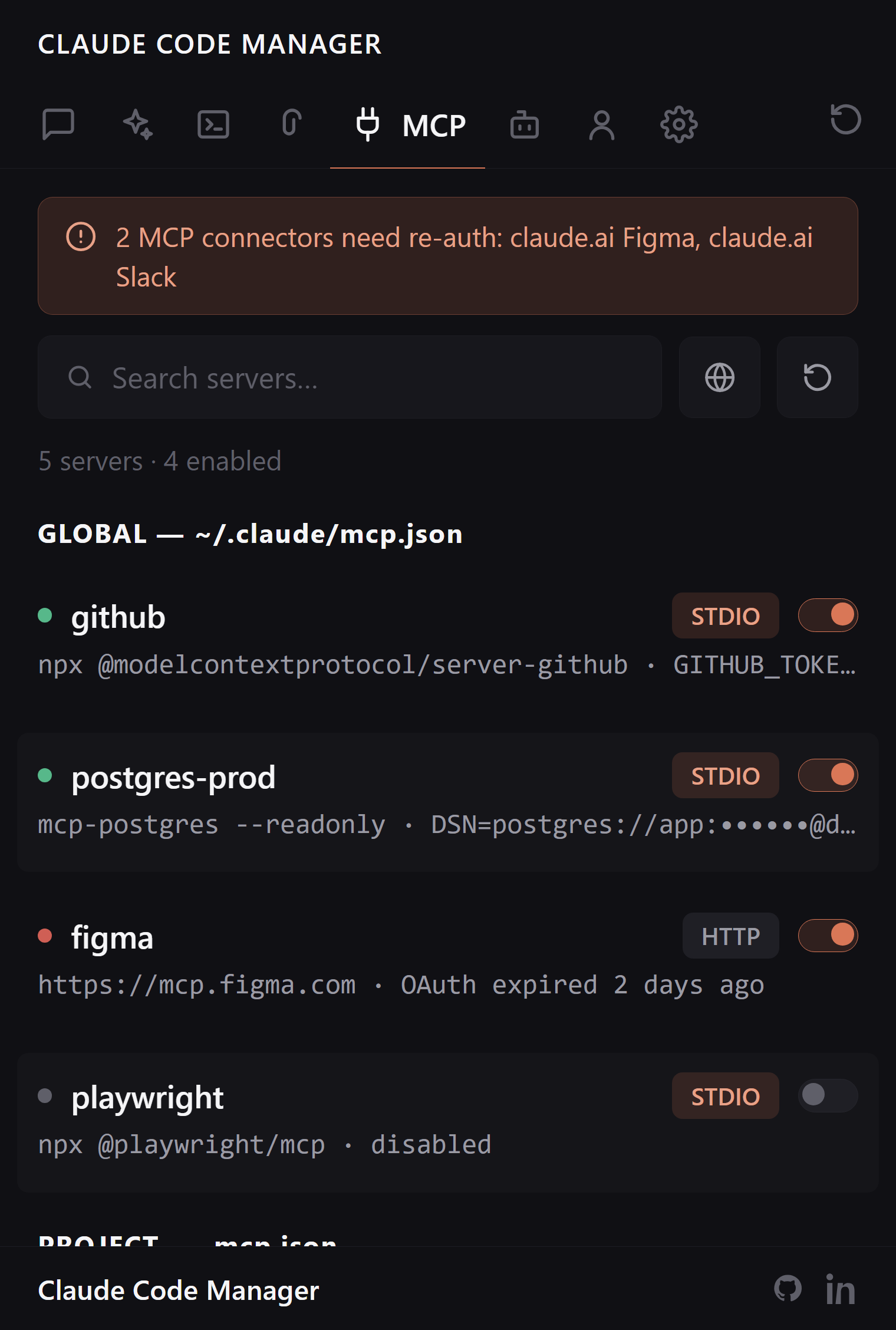 Claude Code Manager MCP Servers tab with enable, disable, and inspect controls