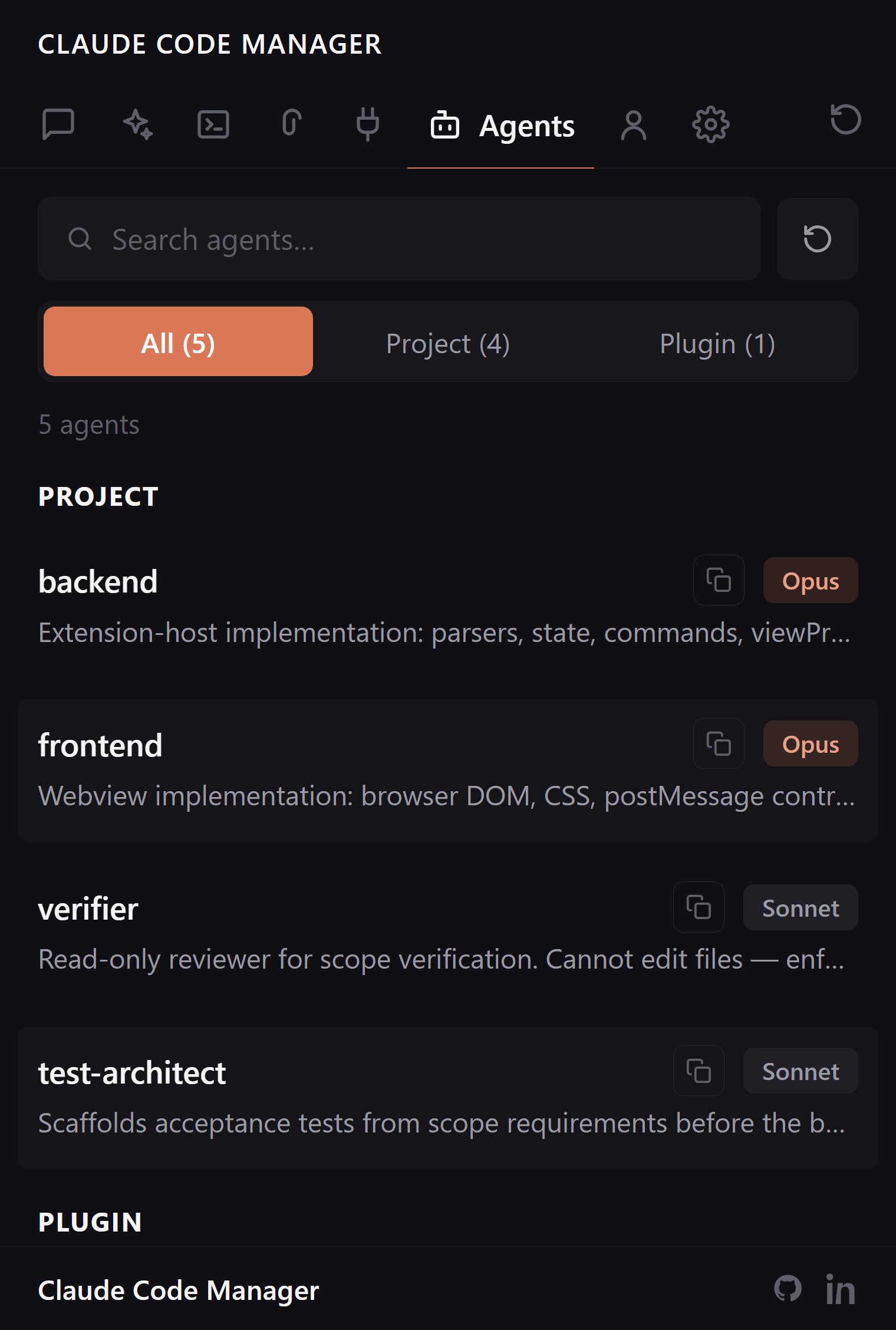 Claude Code Manager Agents tab with Sonnet, Opus, and Haiku model badges