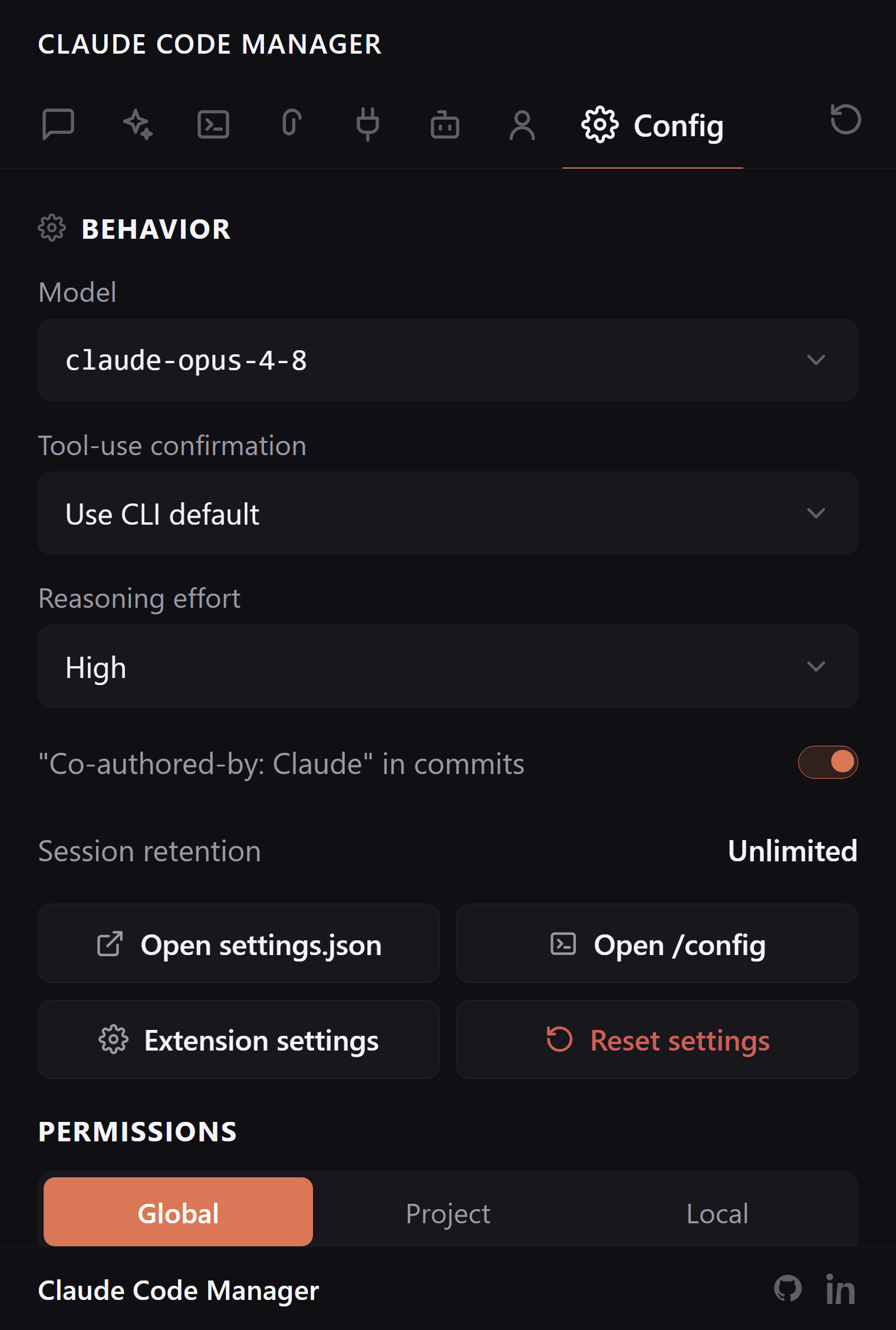 Claude Code Manager Config tab with model selector, permissions editor, and settings-history snapshots